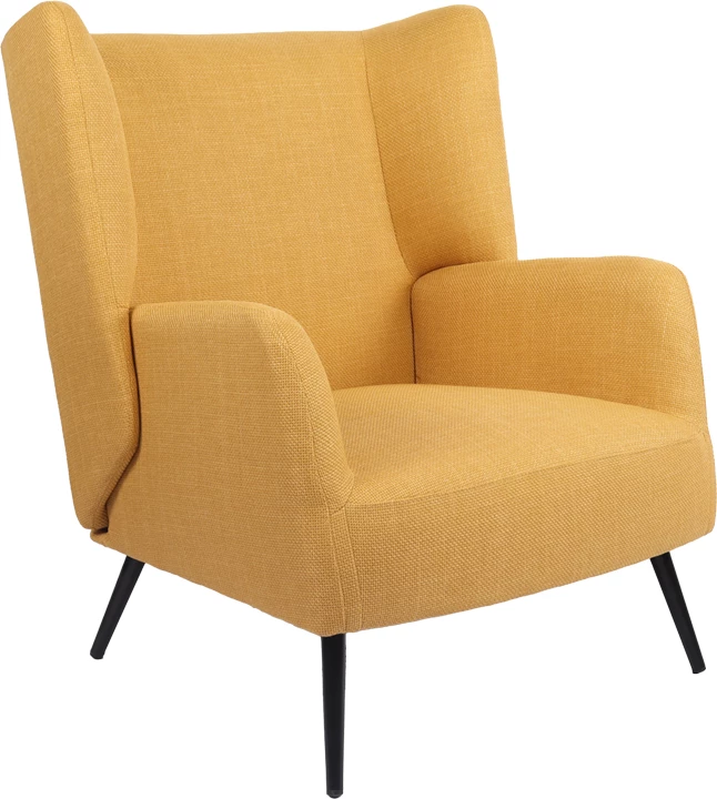 Karrige e madhe Mareta, material tekstili i verdhë, këmbë metalike të zeza, 83x80x99cm