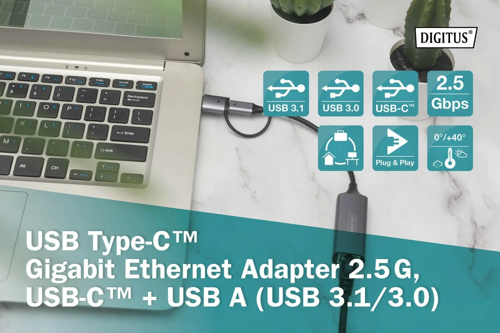 Adapter rrjeti LAN Digitus DN-3028, USB-C + USB-A, 2.5 Gbps, Gri