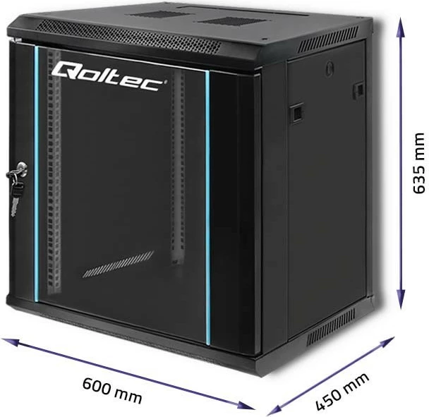 Kasë RACK Qoltec 19-inç, 12U, 600x635x450 mm, e zezë, montim në mur