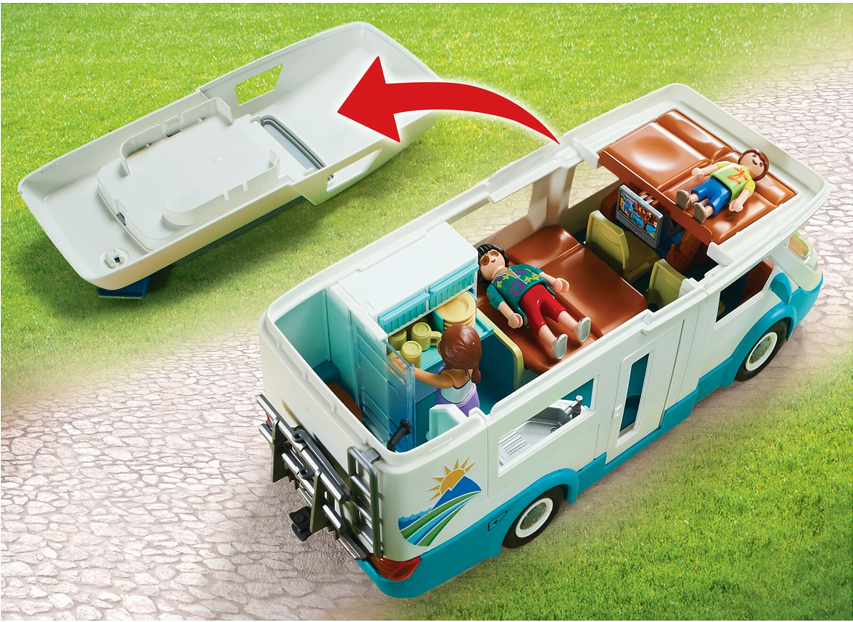 Set lodër Playmobil Family Fun 70088 Wohnmobil familjar, 58 pjesë, 4+, bardhë/tyrkiz