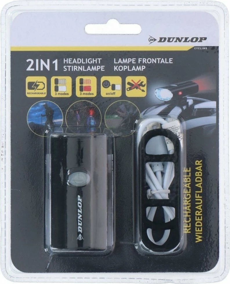 Dritë biçiklete Dunlop 2-in-1 USB e rikarikueshme, montim për helmetë, e zezë/e bardhë, set