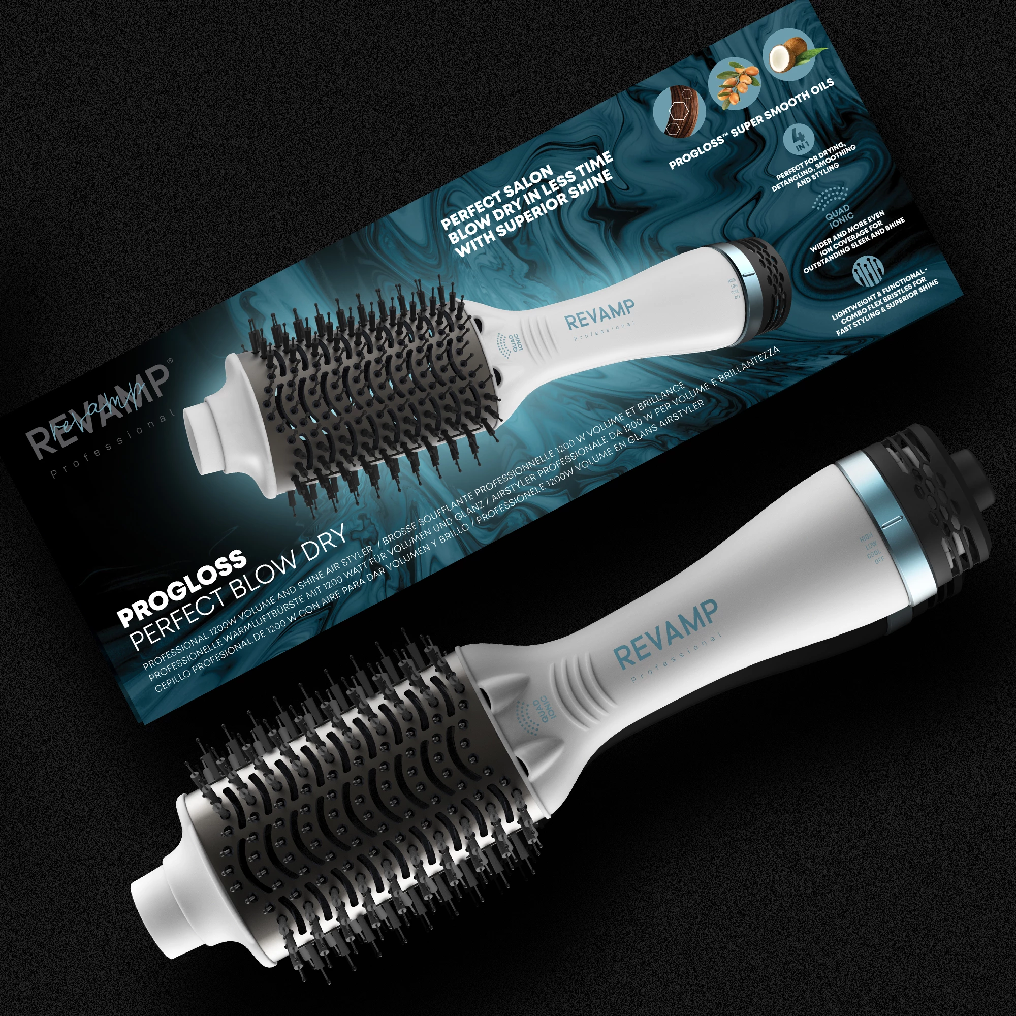 Furkë ajri për tharje dhe stilim flokësh Revamp Progloss Perfect Blow Dry DR-1850, 1200W, jonike, bardhë/zezë