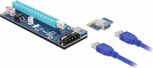 Kartë riser PCIe DeLOCK x1 në x16, kabllo USB 60 cm, USB 3.2 Gen 1, e zezë/blu/gri