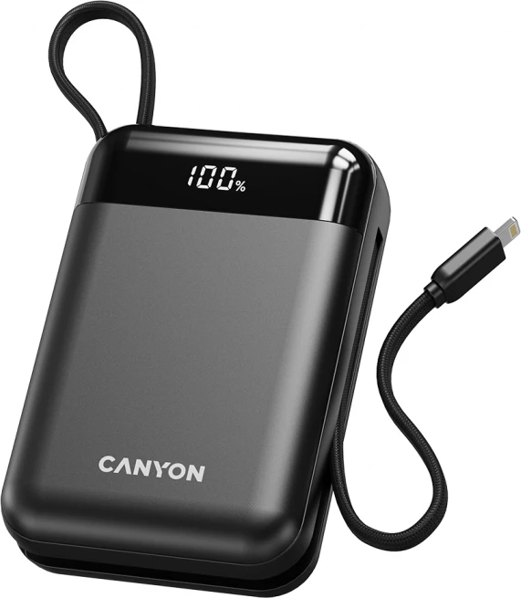 Power bank CANYON OnPower 204 20000 mAh 22.5 W, kabllo e integrume USB-C/Lightning, e zezë