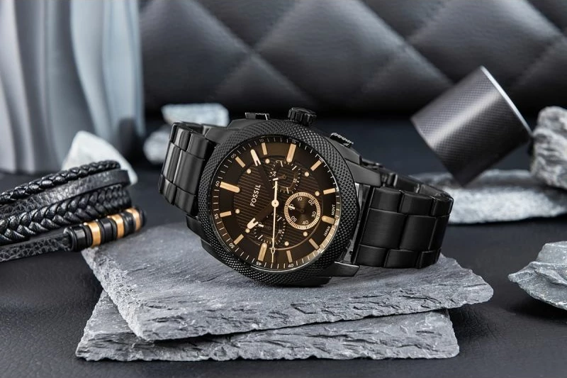 Orë dore meshkuj Fossil Machine FS6097, e zezë, set me kuti