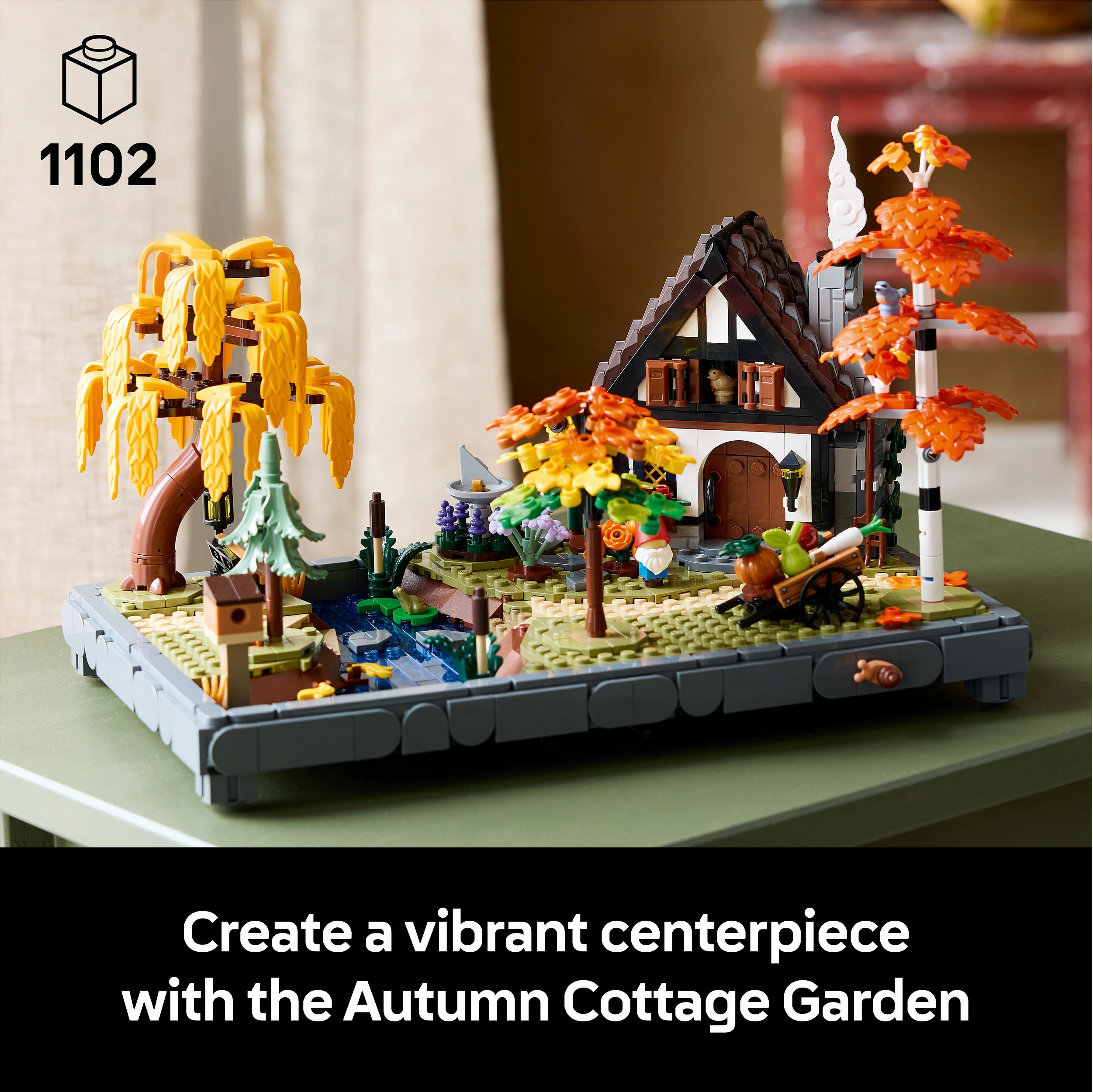 Set ndërtimi LEGO Icons Autumn Cottage Garden 11372, 1102 copë, 18+, multikolor