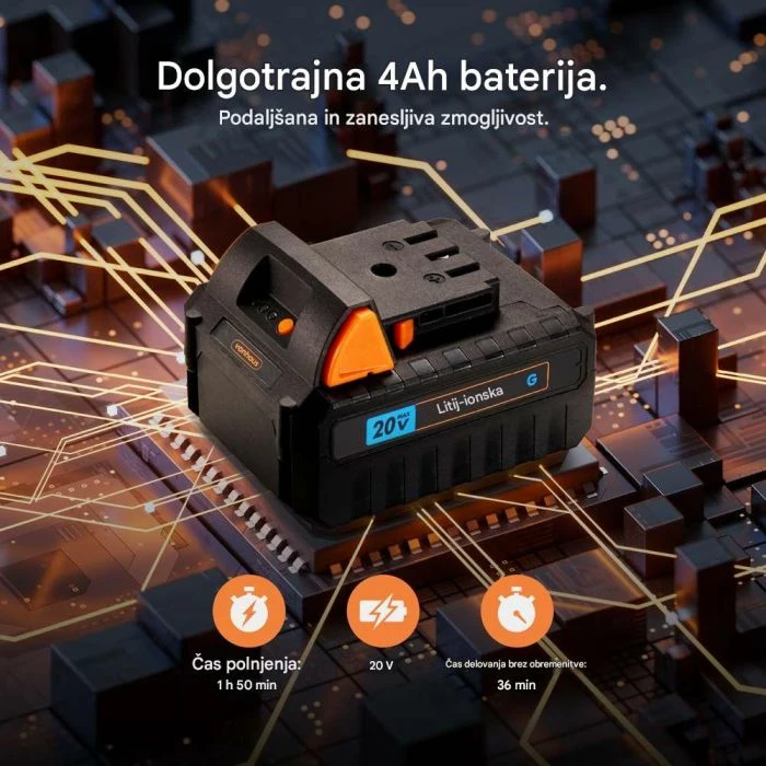 frezë kopshti pa kabllo VONHAUS G-Series 20V (MPN 3519011), bateri 4Ah, gjerësi pune 20cm, thellësi 16cm, gri/portokalli/zezë