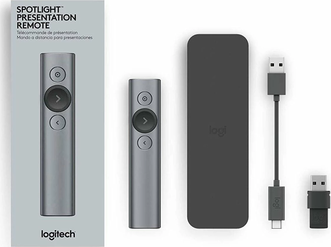 Telekomandë prezantimi Logitech Spotlight 910-004861 30 m Bluetooth/2.4 GHz me kasë, argjendtë