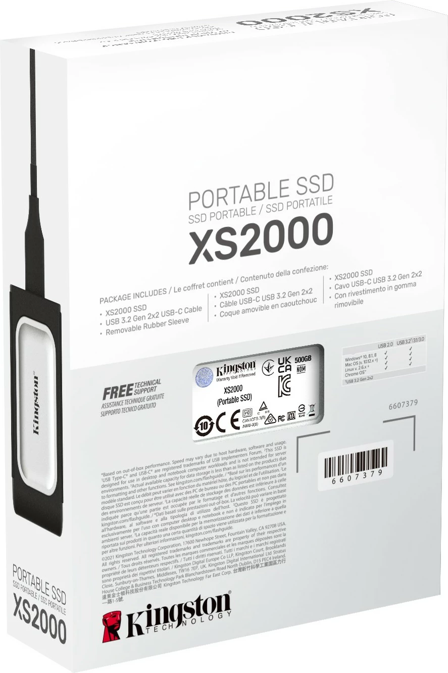 SSD portabël Kingston XS2000, 500 GB, USB Type-C, 3.2 Gen 2, 2000 MB/s, E zezë, Argjendtë