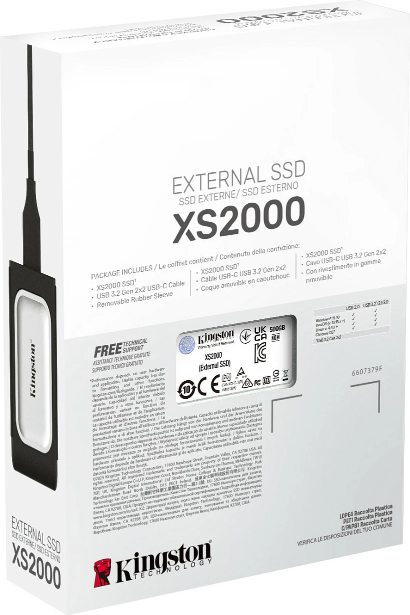 SSD portabël Kingston XS2000, 500 GB, USB Type-C, 3.2 Gen 2, 2000 MB/s, E zezë, Argjendtë