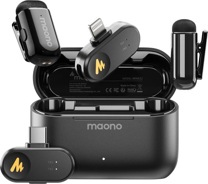 mikrofon wireless Maono WM622 PBC2 me 2 transmetues, marrës Lightning & USB-C, 48kHz/16-bit, reduktim zhurme me AI, deri 100 m, kuti karikimi, e zezë