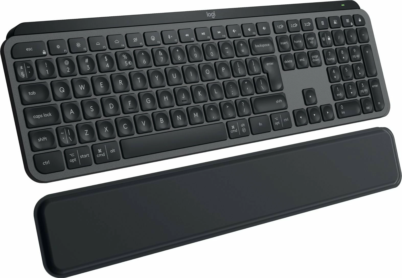 Tastierë wireless Logitech MX Keys S Plus US, me ndriçim, me numpad, me mbështetëse kyçi, Graphite (920-011589)