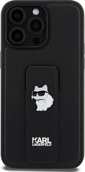 Mbështjellës Karl Lagerfeld Gripstand Saffiano Choupette Pins për iPhone 13 Pro/13, e zezë