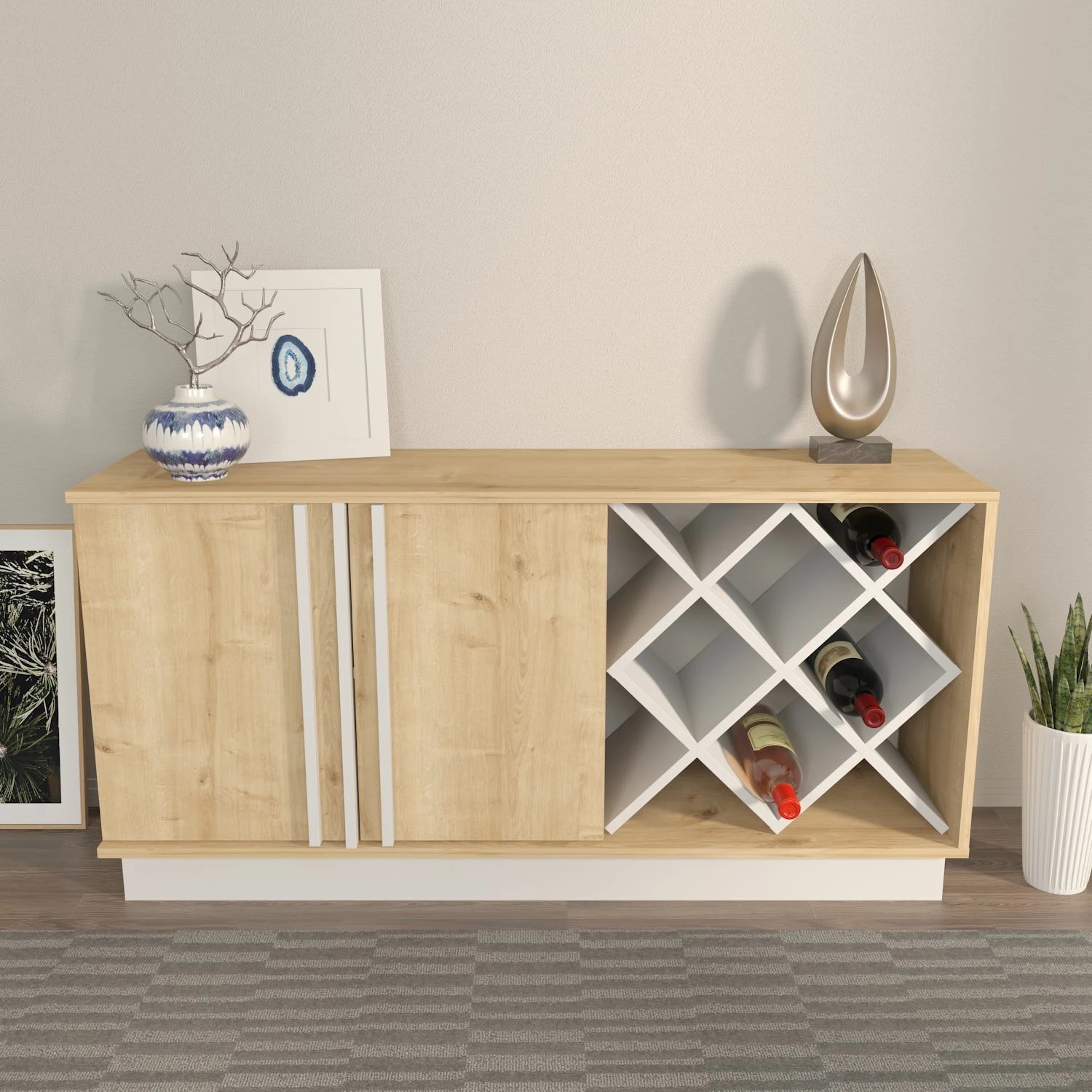 Komodë anësore Skye Decor, ngjyrë lisi Sapphire, e bardhë