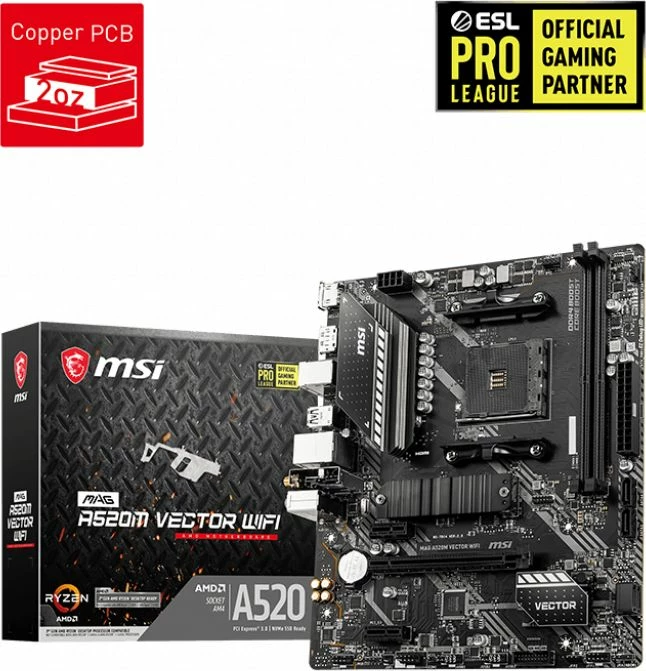 Pllakë amë MSI MAG A520M Vector WiFi, DDR4 64GB, mATX, Bluetooth, me antena (2 copë)