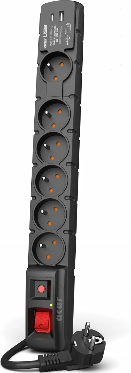 Zgjatues rryme me mbrojtje Acar S6 USB A+C W2437, 6 prizë, 2x USB (18W), kabllo 3 m, i zi