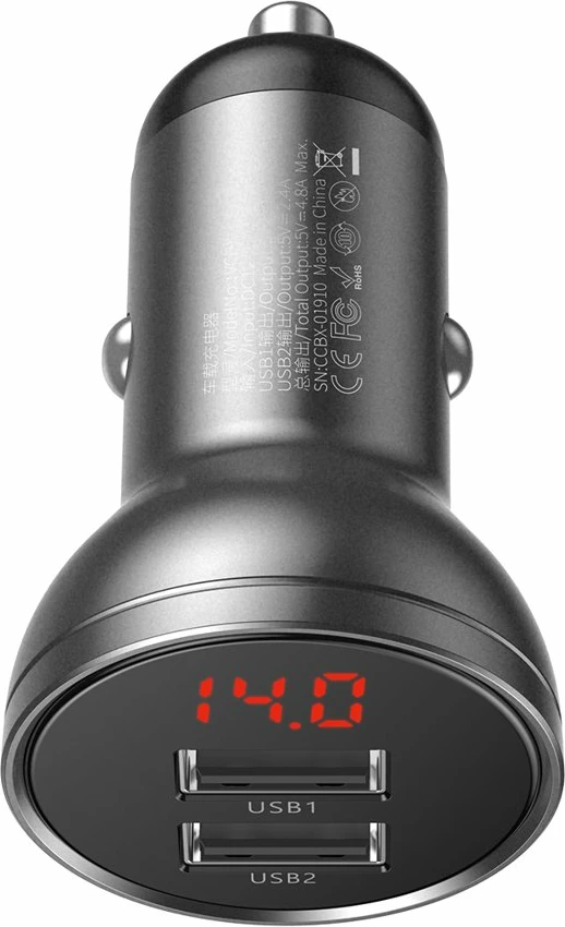 Karikues veture Baseus CCBX-0G, 2x USB, 24W, me ekran LCD, Gri
