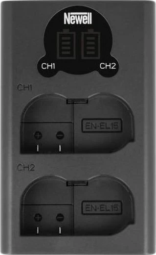 Karikues baterie për kamerë Newell DL-USB-C për EN-EL15, USB-C, dy-kanalësh, me ekran, i zi