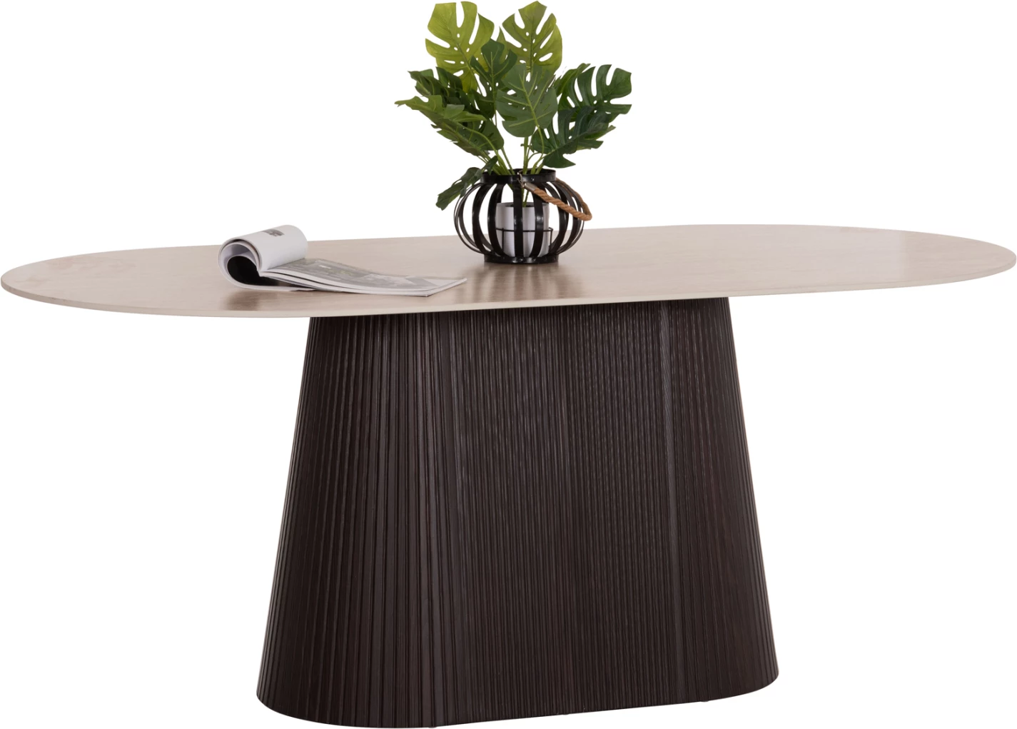 Tavolinë ngrënieje ovale CATER, sipërfaqe qeramike travertin, bazë MDF ngjyrë kafe e errët, 188x98x78cm