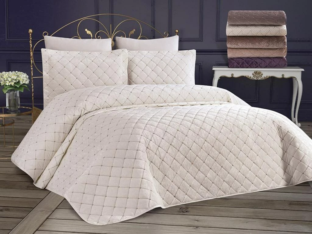 Set mbulesë krevati dopio, kadife, krem, L'essentiel, 250x260cm, 2 jastëkë