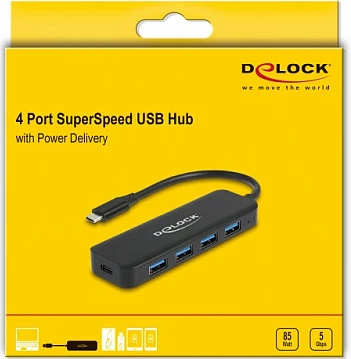 Hub USB-C DeLOCK 4x USB-A + USB-C PD 85W, USB 3.2 Gen 1, i zi