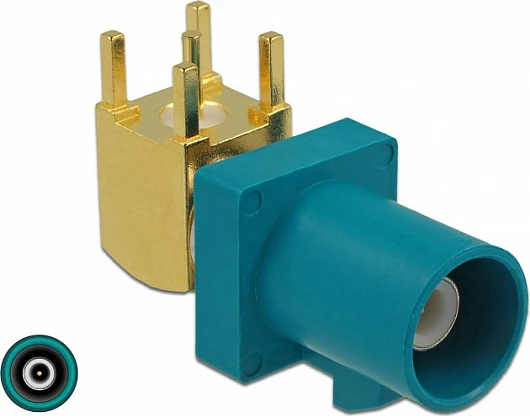 Konektor DeLOCK FAKRA C mashkull 90° për PCB, kontakte të arta, blu