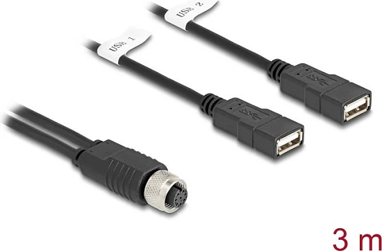 Kabllo DeLOCK 60651 M12 në 2x USB Type-A, 3 m, Female/Female, e zezë
