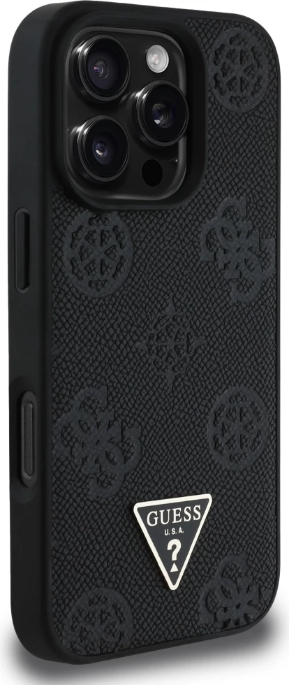 Mbështjellës Guess Grained Hot Stamp Peony Triangle Logo MagSafe për iPhone 16 Pro, Zi