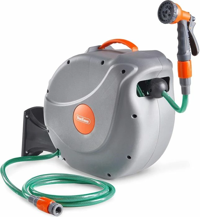 mbajtës zorre muri VonHaus 2500013, 30m, rrotullim automatik, pistoletë spërkatëse 8-funksione, rrotullim 180°, gri/jeshile