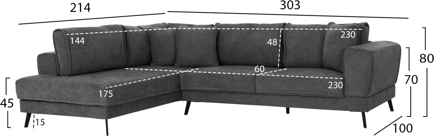 Kënd-sofëbëd majtas Zenora, material tekstili gri e errët, FH3337.01L, 303x214x80cm
