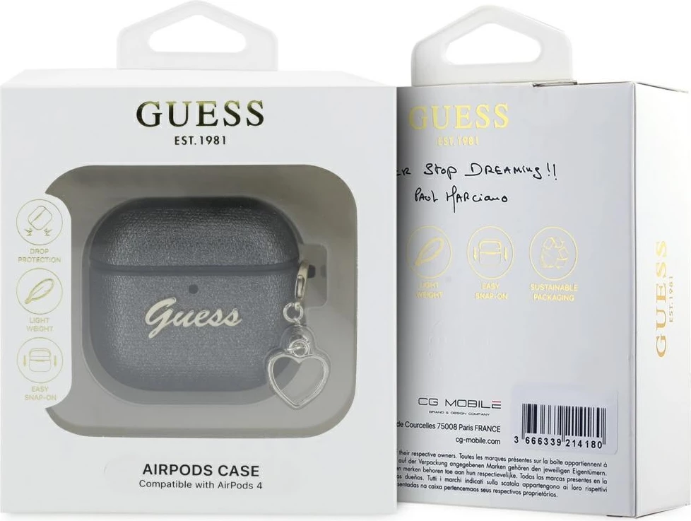 Mbështjellës Guess Metallic Script Charm për AirPods 4, i zi
