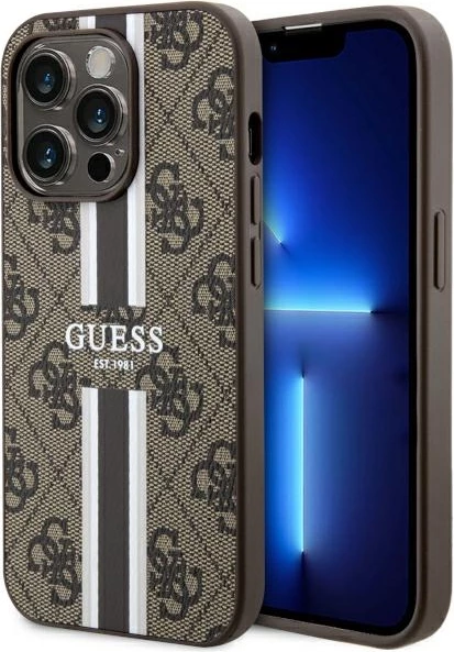 Mbështjellës Guess GUHMP14LP4RPSW për iPhone 14 Pro 6.1", 4G Printed Stripes MagSafe, Kafe