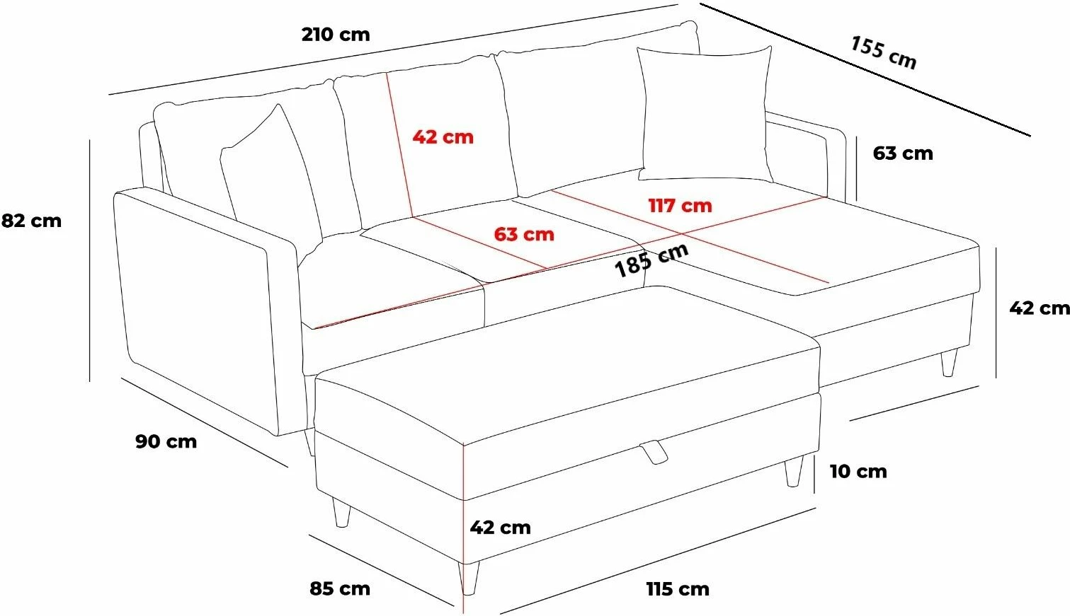 Këndare Eva, ngjyrë antracit, me pouffe, Atelier del Sofa