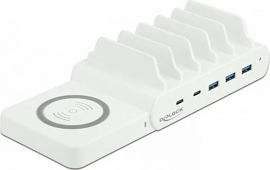 Stacion karikimi DeLOCK USB-C PD 2x + USB-A 3x, 110W, wireless 15W, i bardhë