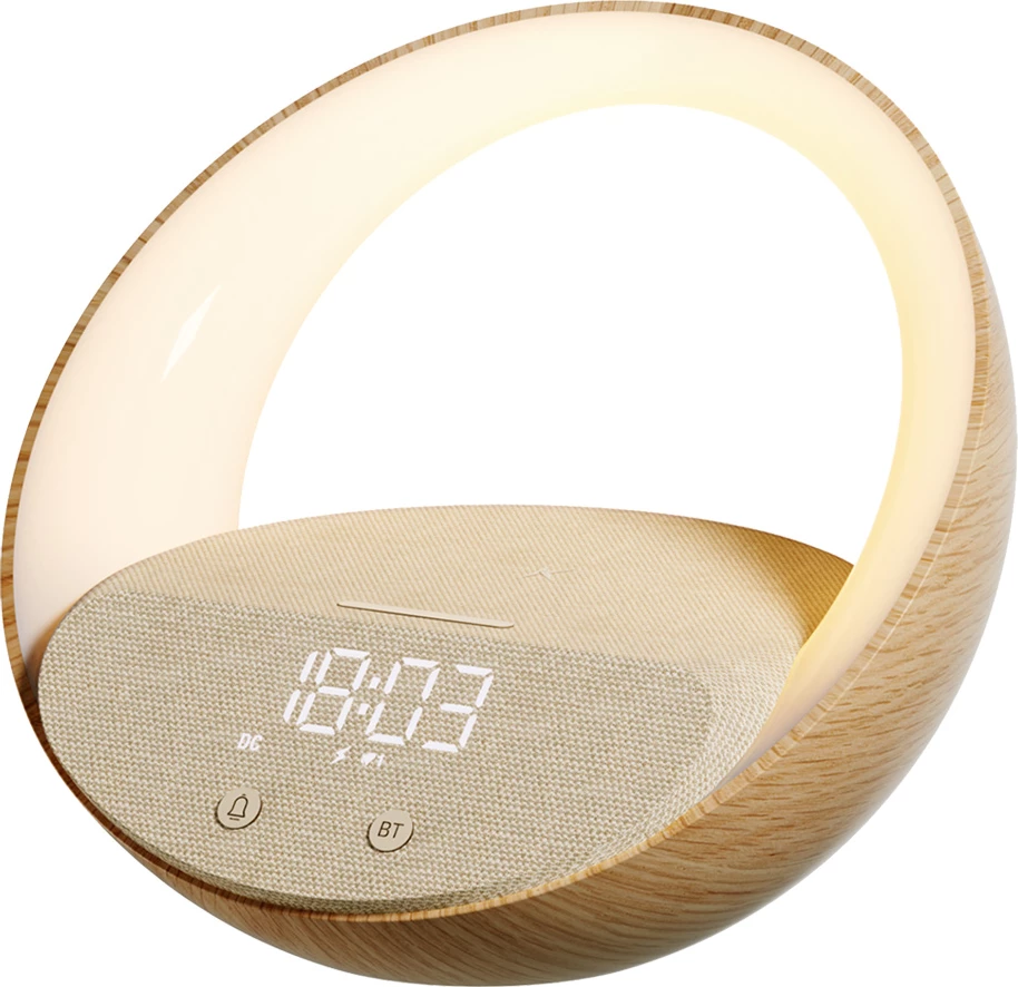 Llambë nate Moye Aurora Glow, orë me alarm, altoparlant Bluetooth 2x5W, karikim pa kabllo Qi deri 15W, bateri 2400mAh, finish imitim druri