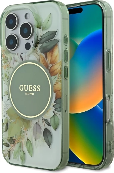 Mbështjellës Guess IML Flower & Tonal Circle MagSafe për iPhone 16 Pro, i gjelbër