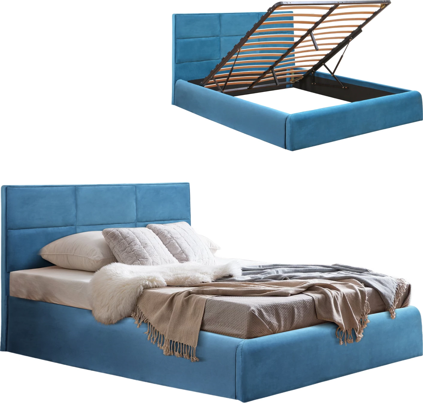 Krevat Briley kadife blu mbretërore me hapësirë ruajtjeje 160x200 cm FH583.18