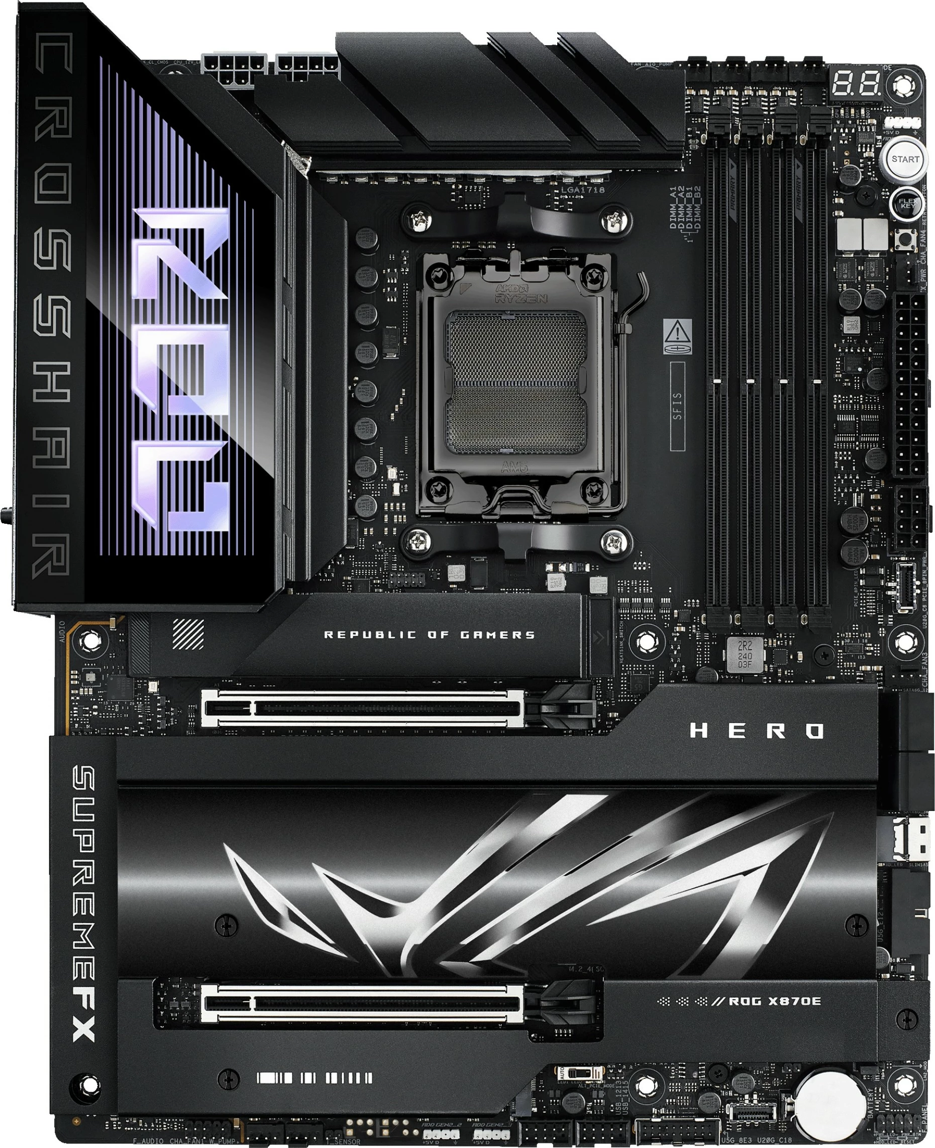 Pllakë amë ASUS ROG CROSSHAIR X870E HERO, AMD X870E, DDR5, ATX, Socket AM5, e zezë