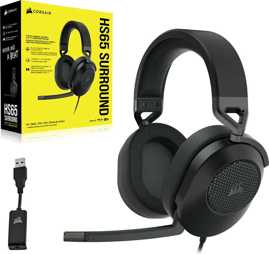 Kufje gaming Corsair HS65 Surround Carbon, me mikrofon, lidhje me kabllo, USB/3.5mm, e zezë