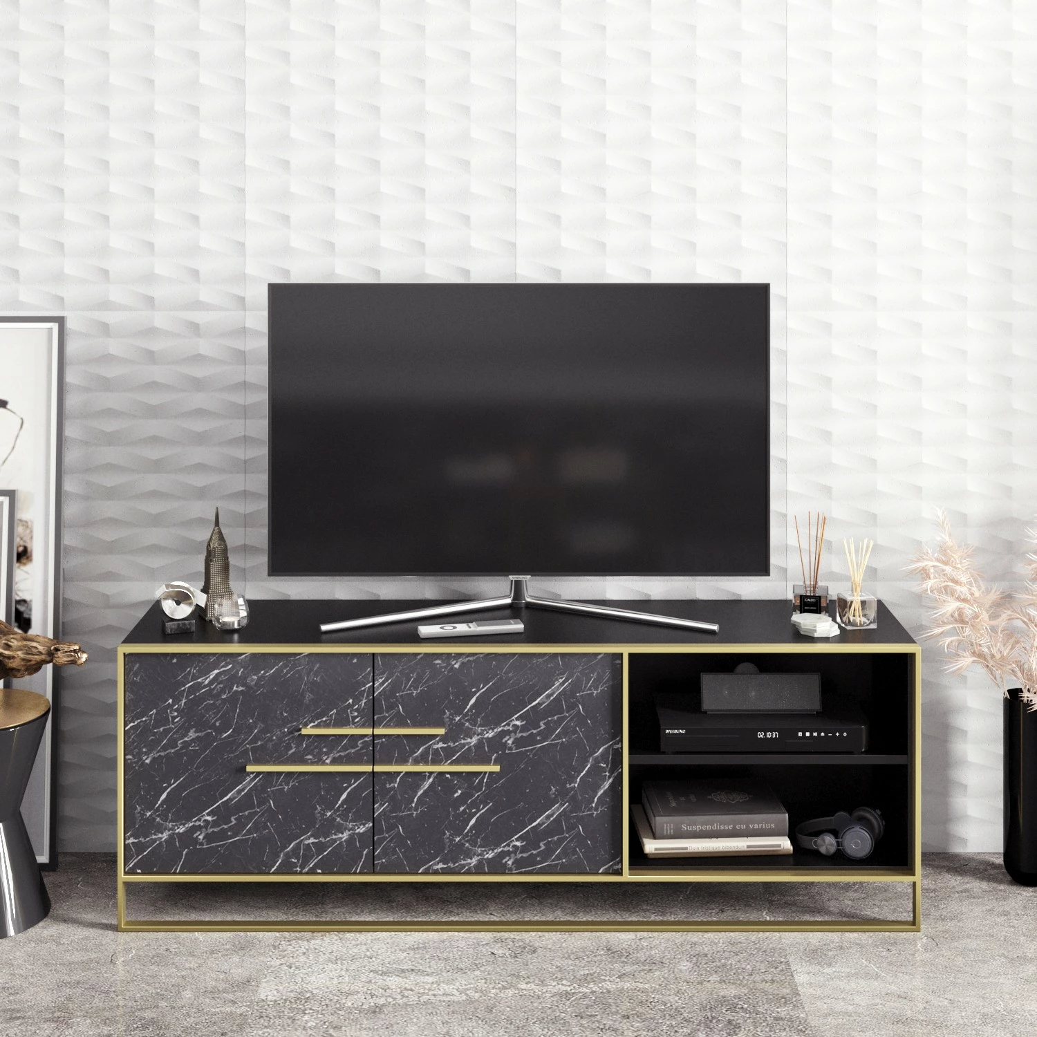 Komodë TV Hanah Home, Polka, e zezë dhe ari