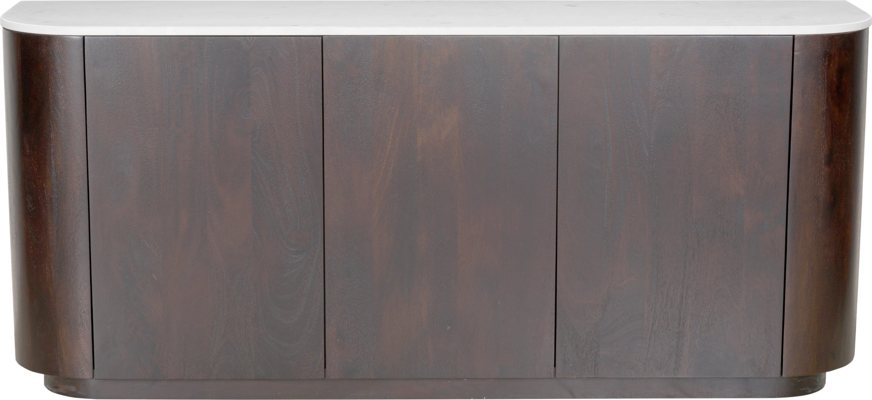 Komodë anësore Marron, 3 dyer, ngjyrë kafe e errët, e bardhë me model mermeri, 170x40x75cm