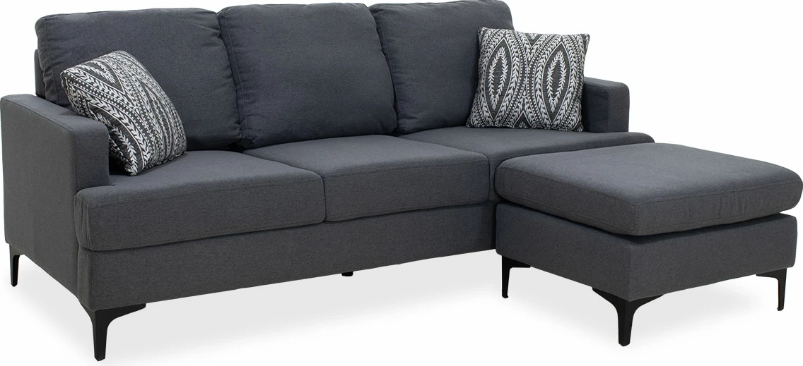 Kënd divani me pëlhurë Slim, ngjyrë gri e errët, dy jastëkë, 185x140x70cm