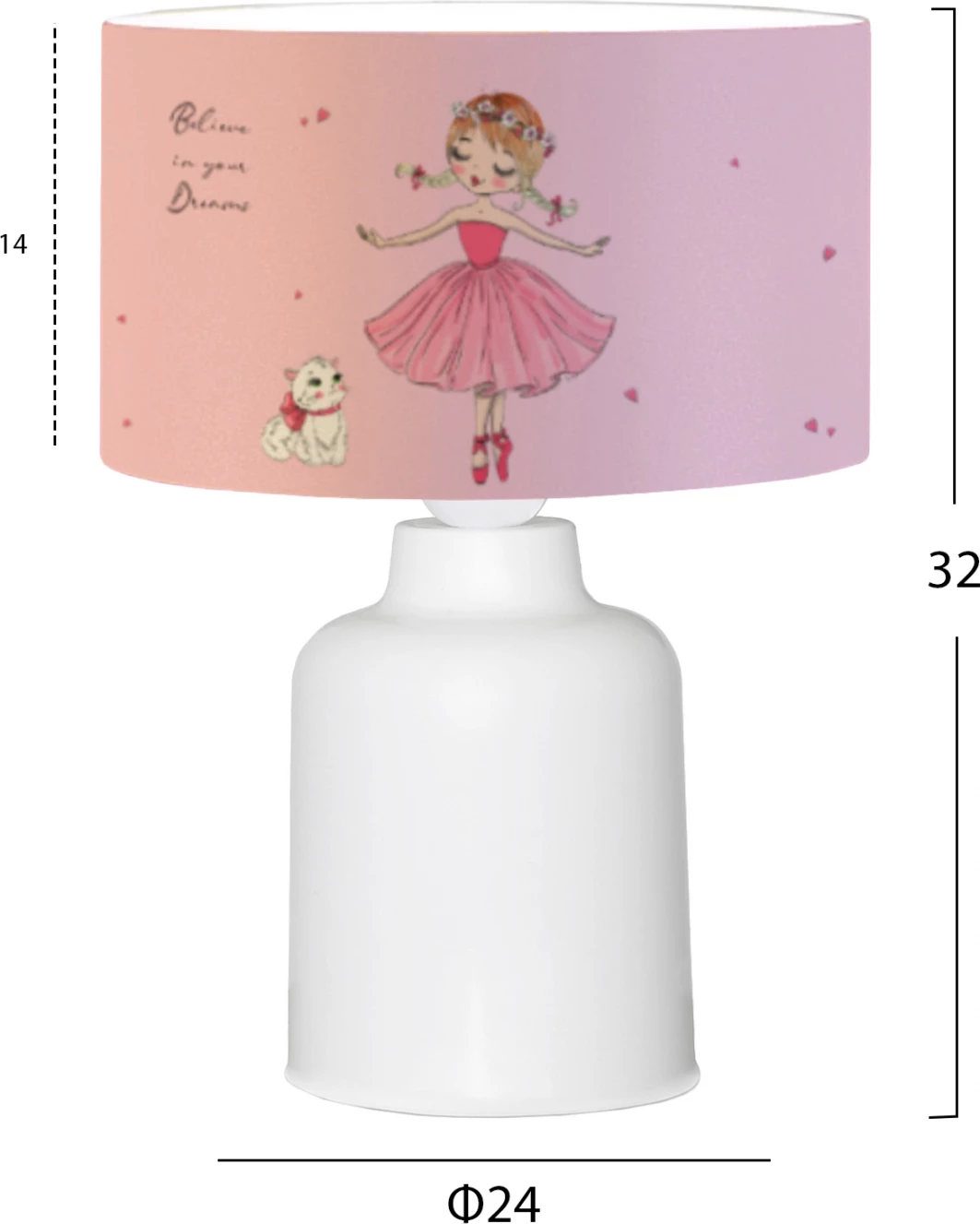 Llambë tavoline për fëmijë, dizajn balerinë, FH7577.03, rozë, Φ24x32 cm