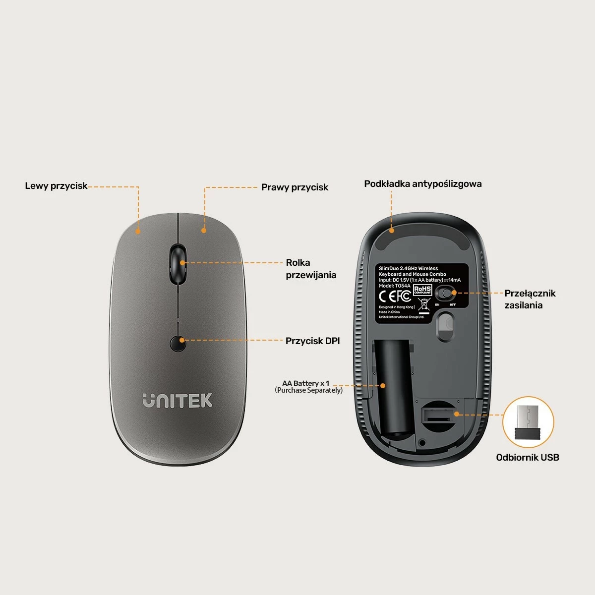 Set tastierë + maus Unitek SlimDuo, wireless 2.4GHz, USB receiver, 1600 DPI, zi-gri