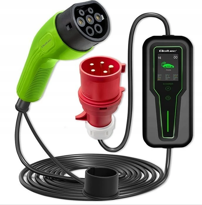 Karikues portativ për vetura elektrike Qoltec, 52468, 3.5kW, 5m, me ekran LCD, Jeshil