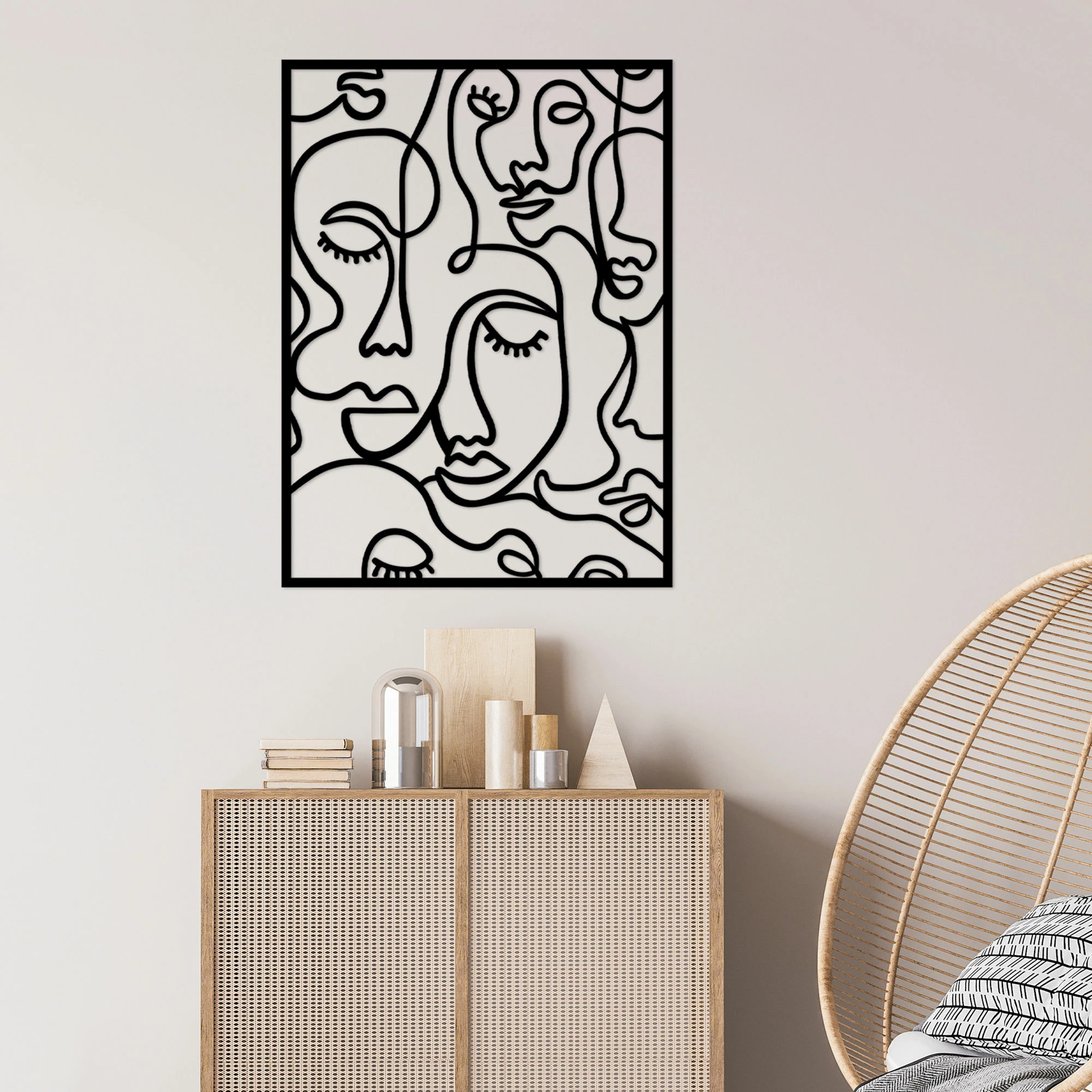 Aksesor dekorativ metalik për mur, Wallity, Faces 2, ngjyrë e zezë, 52x70cm