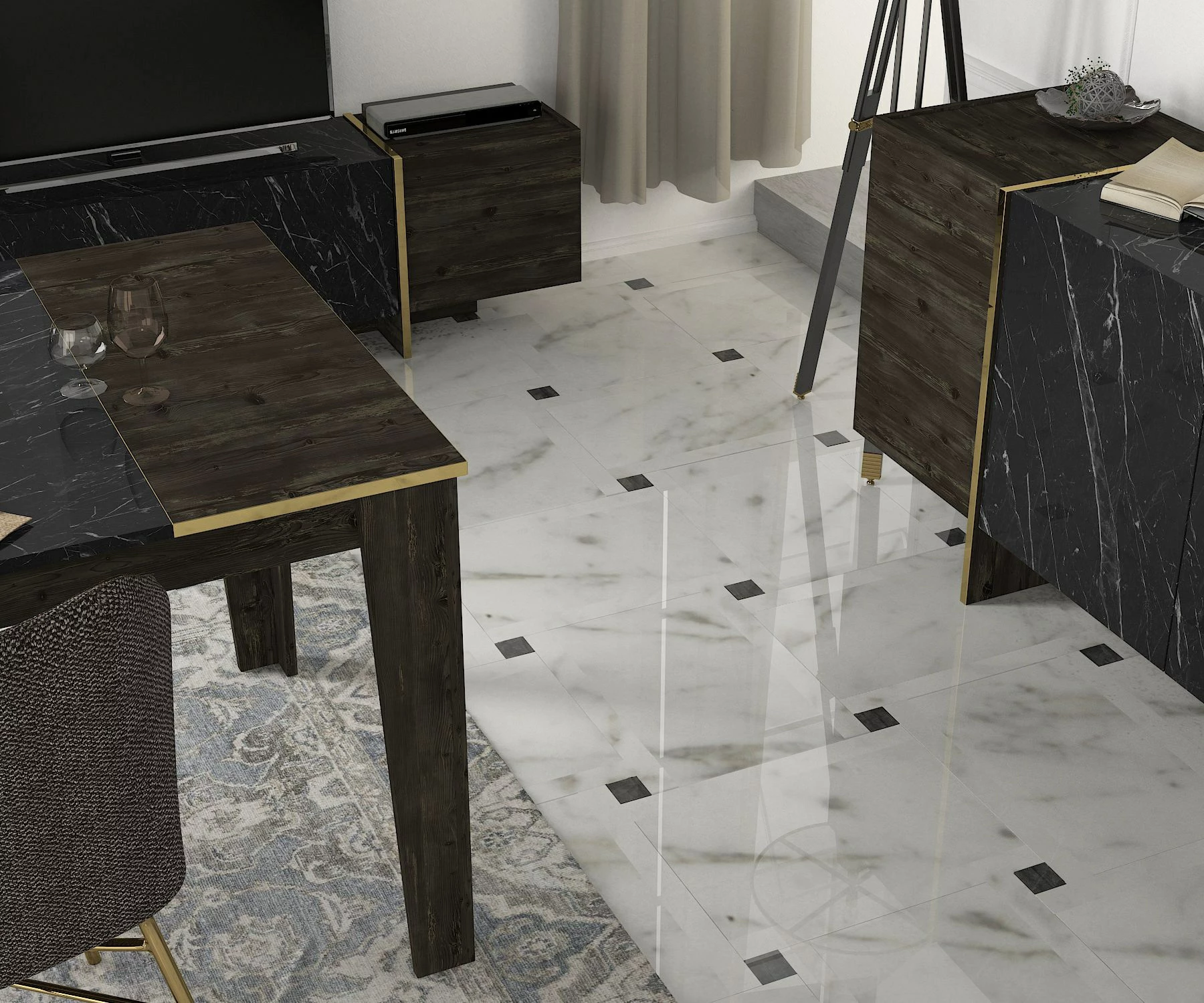 Set mobiljesh për dhomë dite, Skye Decor Veyron Set 3, ngjyrë e zezë dhe ari