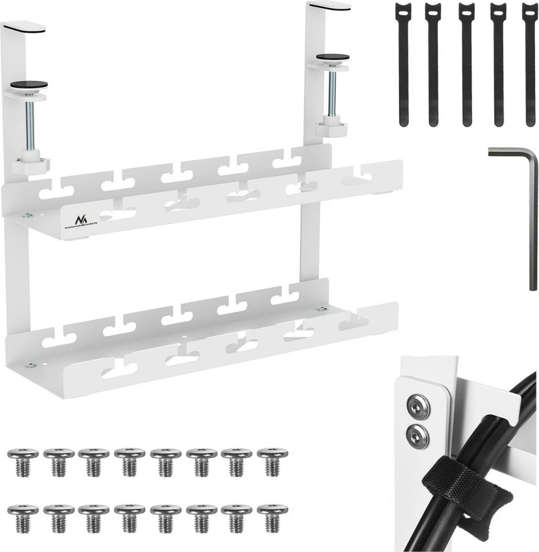 Organizues kabllosh nën tavolinë, Maclean MC-104W, 2 nivele, 40 cm, kapje me klema, ngarkesë 5 kg, i bardhë