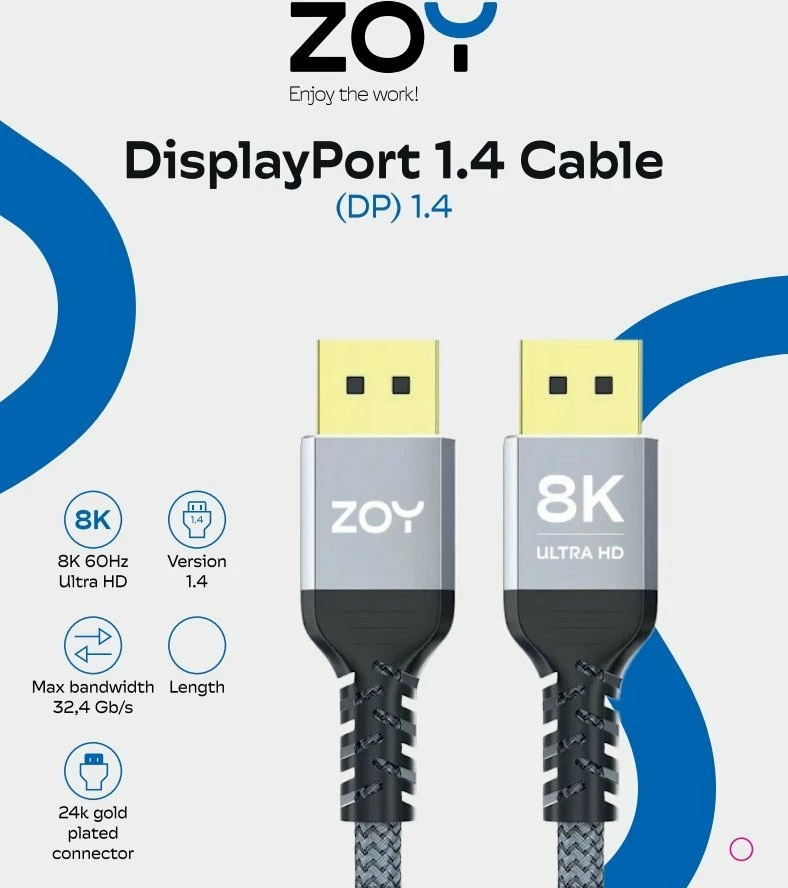 Kabllo DisplayPort ZOY ZCD3 3m DP 1.4 8K 60Hz 32.4Gb/s, gri