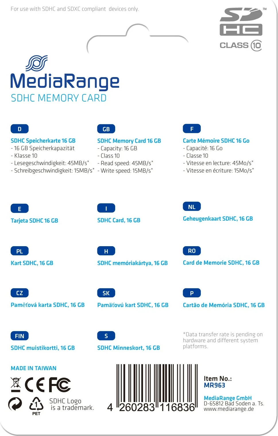 Kartelë memorie SDHC MediaRange MR963, 16 GB, Class 10, kaltër